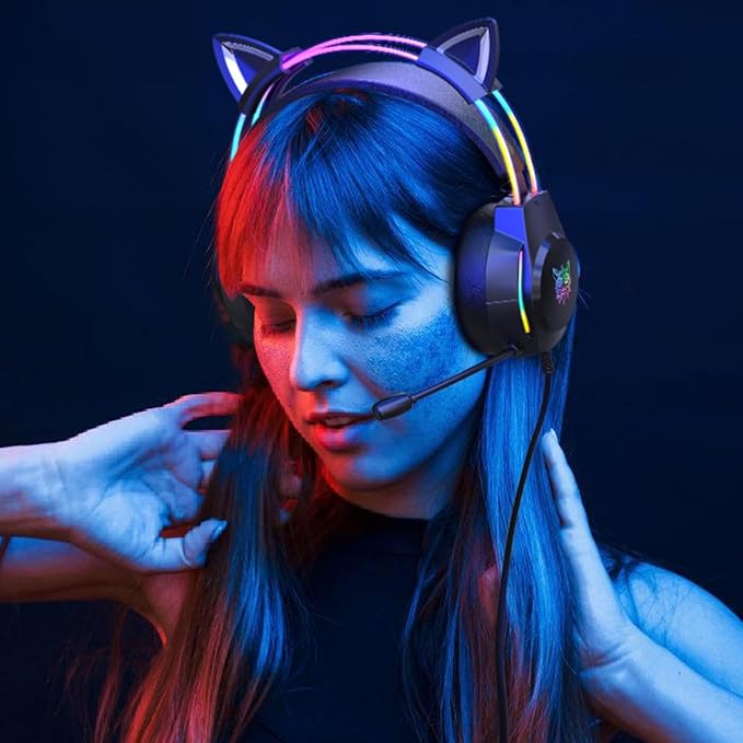 Gaming Headset with Microphone, Cat Ear Headphones for PC Laptop PS4 PS5 Xbox Switch, Rainbow RGB Lighting & Virtual Surround Sound, 3.5mm Wired Over Ear Headphones, Ergonomic