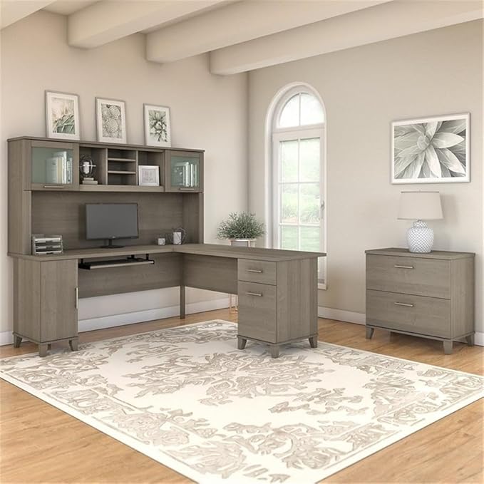 Scranton & Co Furniture Somerset 72W L Shaped Desk with Hutch & File Cabinet, Transitional Style, Frosted Glass Doors, Ball Bearing Slides, Wire Management, Home Office Furniture Set, Ample Storage