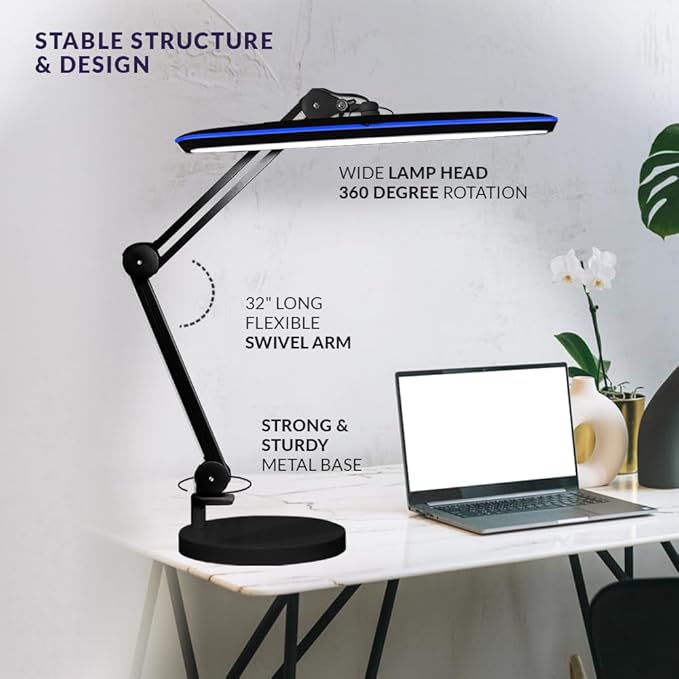 Neatfi XL 2,200 Lumens 24W LED Desk Lamp – 23” Wide Shade | Dimmable Eye-Caring Task Light | Adjustable Arm | Home Office, Study, Crafts & Nail Tech (Black, Non-CCT with Clamp)