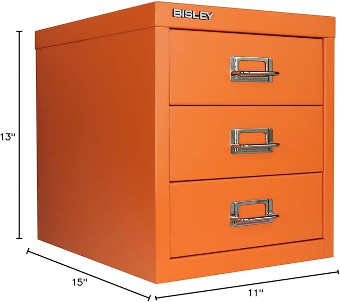3-Drawer Steel MultiDrawer Cabinet - Bisley Orange, Chrome Pull Handles with Label Holders, Powder-Coated Steel, Removable Drawers, Desktop Storage, Labels Included by Bisley