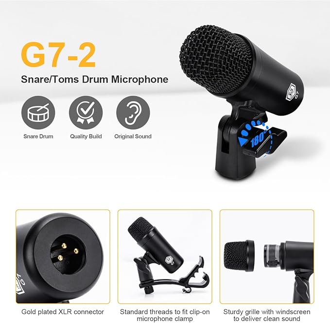 W IN-MIX G7 7-Piece Wired Dynamic Drum Mic Kit (Whole Metal)- Kick Bass, Tom/Snare & Cymbals Microphone Use for Drums, Vocal, Other Instrument Complete with Thread Clip, Mics Holder