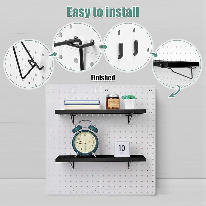 Qunclay 8 Pack Pegboard Shelf Set Wooden Shelves with Metal Brackets Hook Wall Pegboard Shelving Heavy Duty Accessories for Crafts Home Office Garage Workbench(Black)