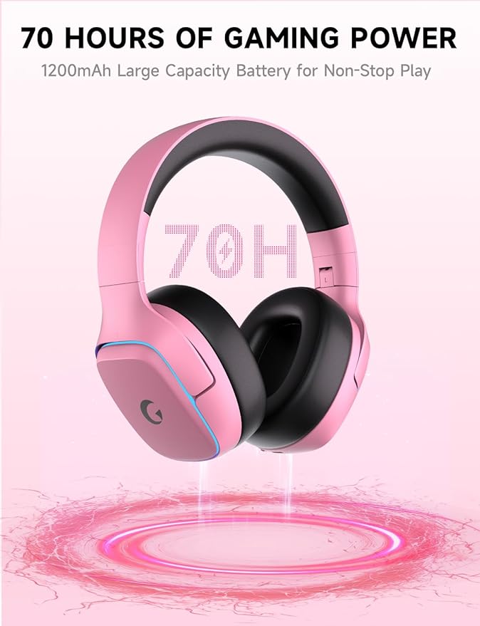 Gvyugke 2.4GHz Wireless Gaming Headsets for PS5, PS4, PC, Switch - Bluetooth 5.3 Gaming Headphones with Noise Canceling Mic, 7.1 Surround Sound, 70H Battery, Blue Lighting - Blush Pink