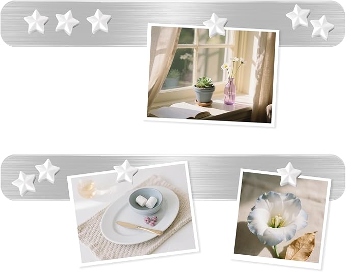 Magnetic Board, Frameless Stainless Iron Magnetic Strips with Adhesive Backing, 2-Pack Magnet Bulletin Board Bar, Memo Board with 10 White Star Magnets for Wall, Office, School, Home, Photos