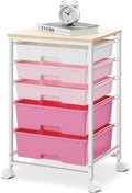SYKIARIOL Utility Cart with 5 Drawers,Storage Drawer Cart with Wooden Tabletop and Lockable Wheels,Craft Storage Trolley Cart,5-Tier Rolling Utility Cart on Wheels,Rose Pink