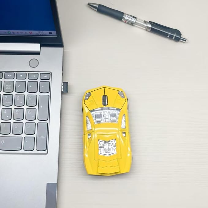 Wireless Sports Car Shaped Mouse Computer Mice Optical 2.4GHz with Headlight 1600DPI for PC Laptop MAC (Yellow)