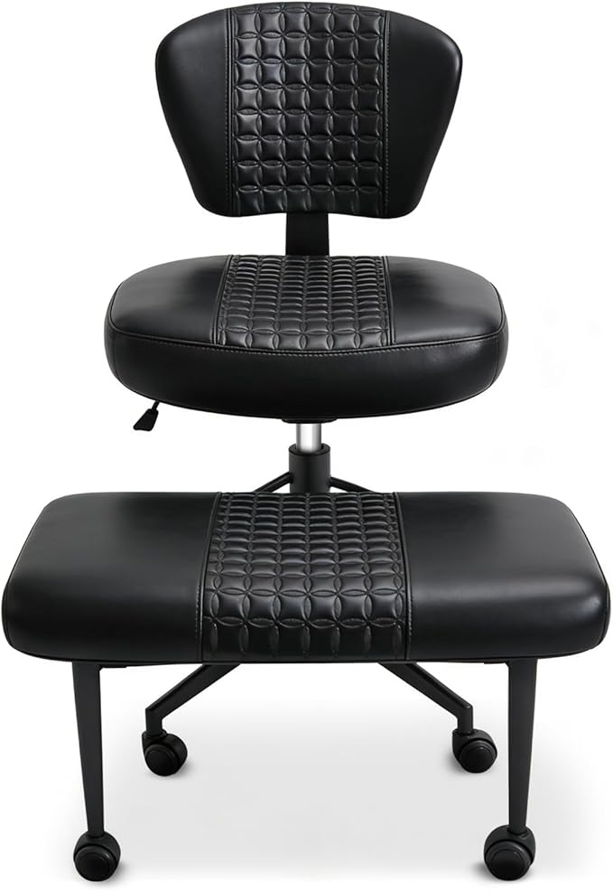 Ergonomic Cross Legged Office Chair with Footrest, 360° Swivel Height Adjustable PU Criss Cross Chair, Wide Seat & Back Support for Home Office, ADHD, Black