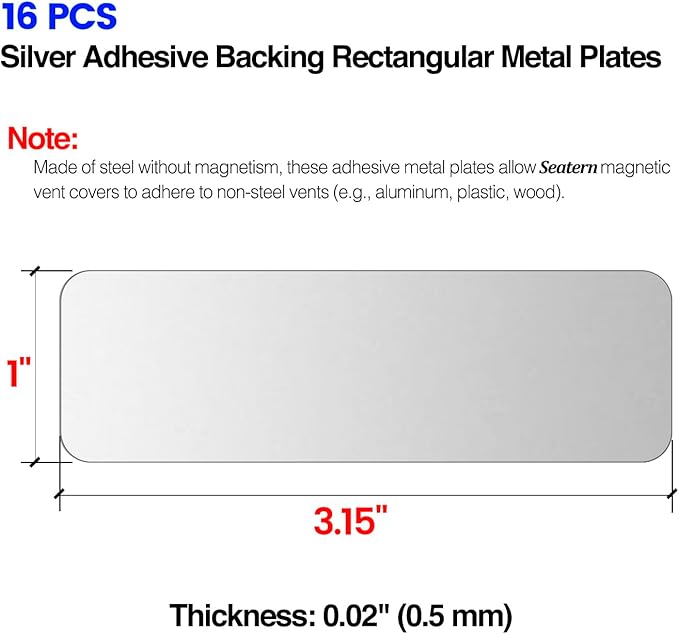 Adhesive Metal Plates for Magnetic Mounts, 1" x 3.15", 16 Pack Steel Strips with Adhesive Backing for Magnets on Non-Steel Vents