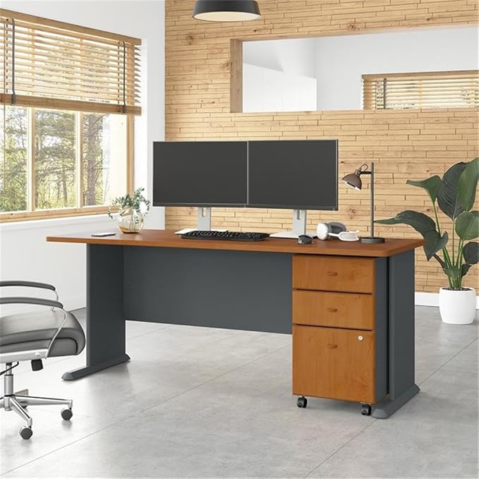 Bush Business Furniture Series A 72W Desk with Mobile File Cabinet in Natural Cherry and Slate
