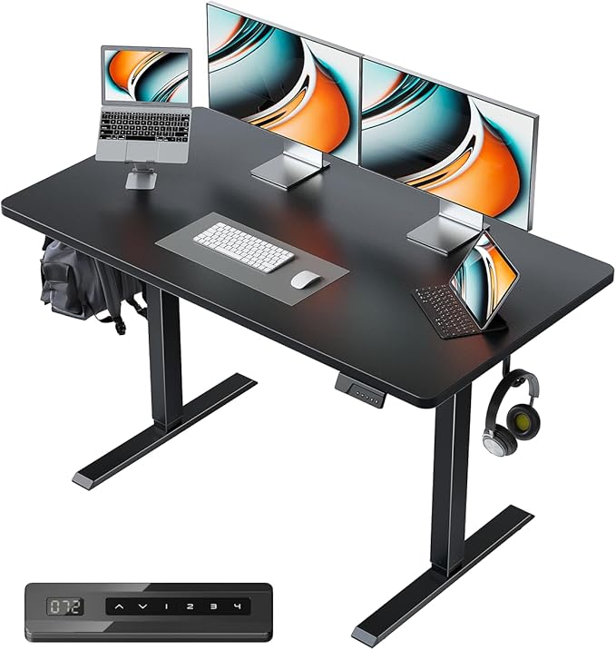 CubiCubi 40 x 24 Small One-Piece Standing Desk, Adjustable Height Electric Computer Sit Stand up Home Office Workstation, with 4 Memory Presets, Headphone Hook, Black