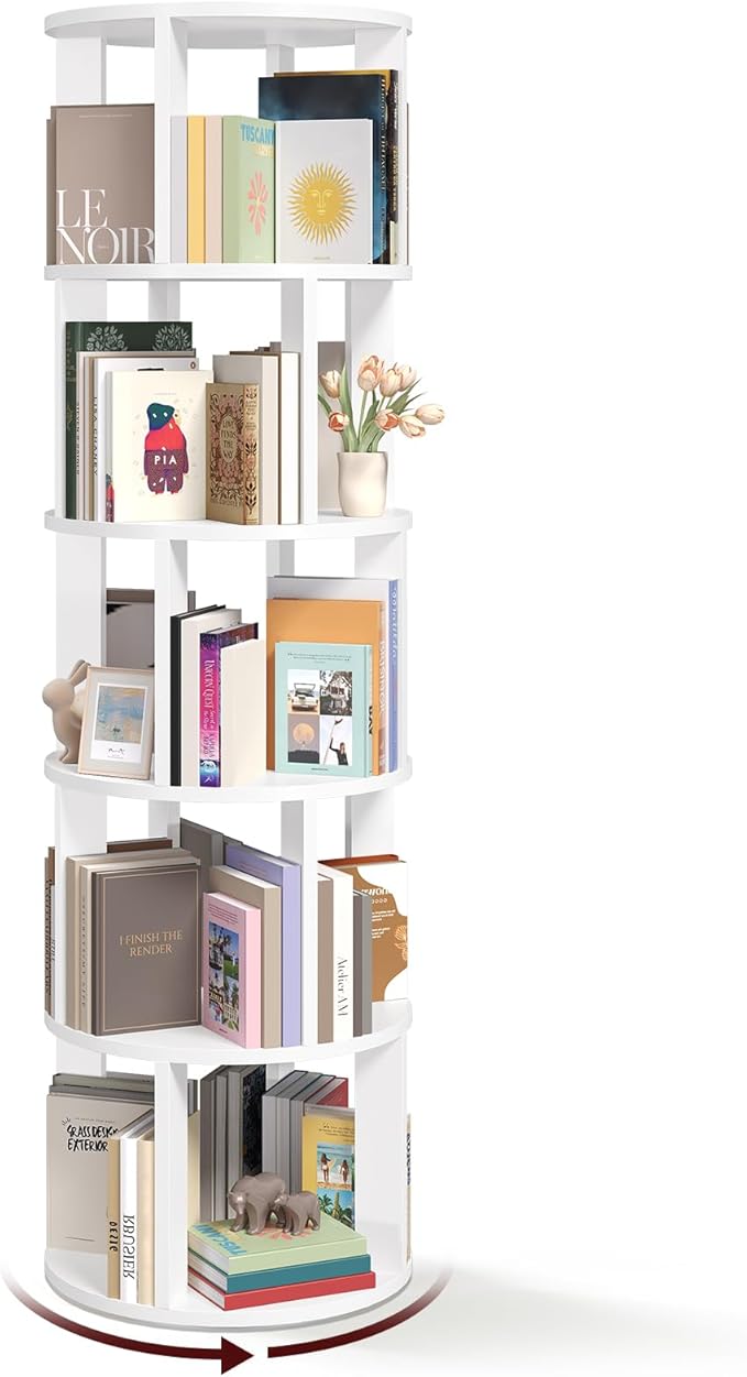 MAHANCRIS 5-Tier Rotating Bookshelf, 360° Spinning Bookshelf Tower, Floor Standing Round Revolving Bookcase, Display Rack for Books, CDs, for Living Room, Study, Bedroom, White BKWT6501