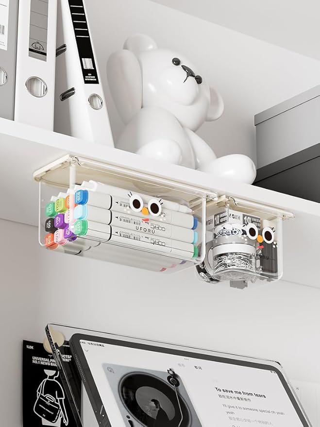 Self-Adhesive Under-Desk Drawer Slide-Out Organiser With Hanging Clear Acrylic Shelf Storage Organiser For Office Kitchen, Cupboards, Tables, Counters For Added Space (Large + Small) Two-Piece Set