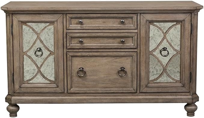 BOWERY HILL Traditional Wood 3-Piece Desk and Hutch Set, Heathered Taupe Finish, 60x28x30 in Desk, Rubberwood and Cathedral White Oak Veneers, Antique Brass Hardware, Elegant Office Furniture for