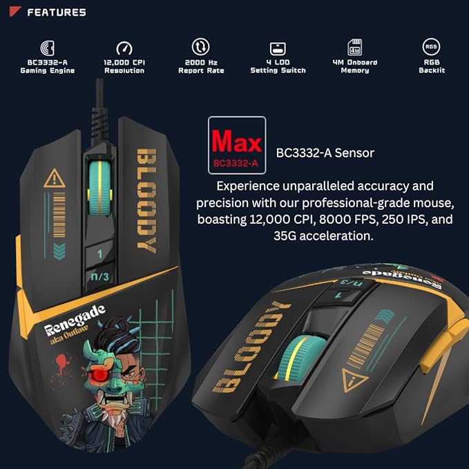 Bloody W63 Max RGB Gaming Mouse, 12,000 CPI, BC3332-A Sensor, 2000 Hz Report Rate, 4M Onboard Memory, LOD Adjustment, Lightweight Braided Cable - Renegade Edition