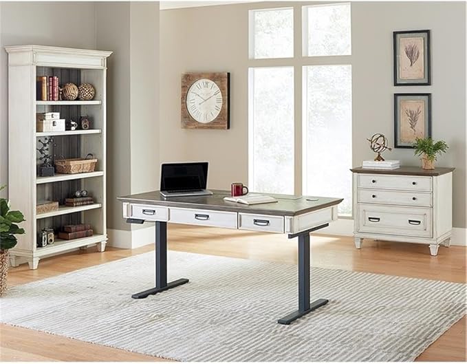 BOWERY HILL Set of 2 Credenza Office Desk and Open Bookcase in White