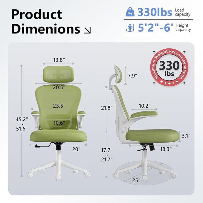 SeekFancy Ergonomic Office Chair M903, Computer Desk Chair with Wheels, High Back Mesh Office Chair with Adjustable Lumbar Support, Headrest, Flip-Up Armrests, Green