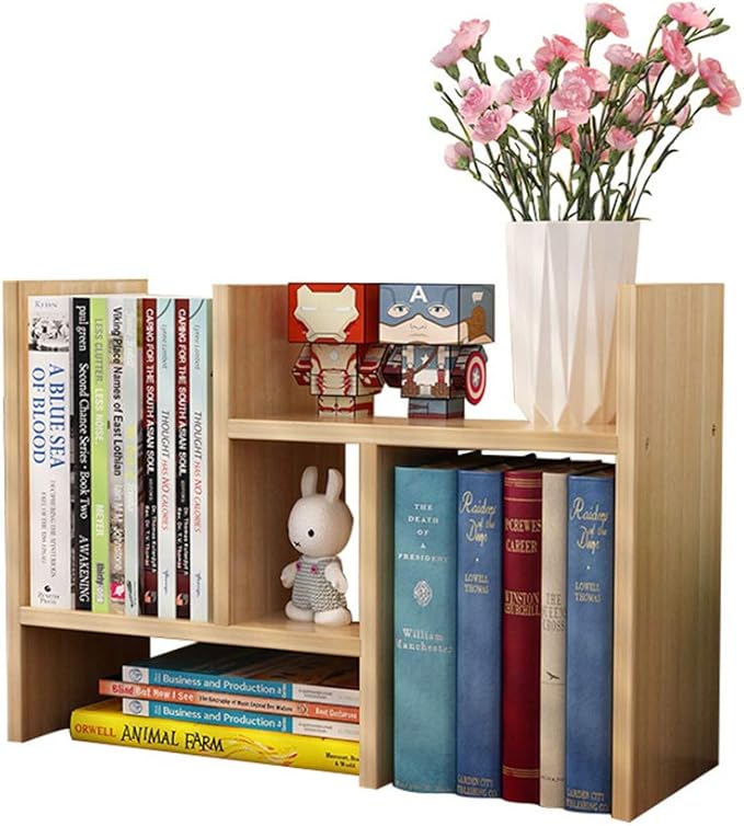 VOVCIG Desktop Organizer Expandable Office Storage Rack Adjustable Wood Display Shelf Rack Small Bookshelf Office Supplies Storage Shelf, 5 Units(Light Yellow)