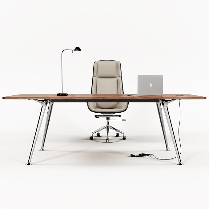 71-Inch Executive Desk, Computer Office Desk Workstation with Chrome-Plated Legs and Built-in Power Outlet, Writing Table Business Furniture, Modern Minimalist Style for Home Office, Walnut Brown