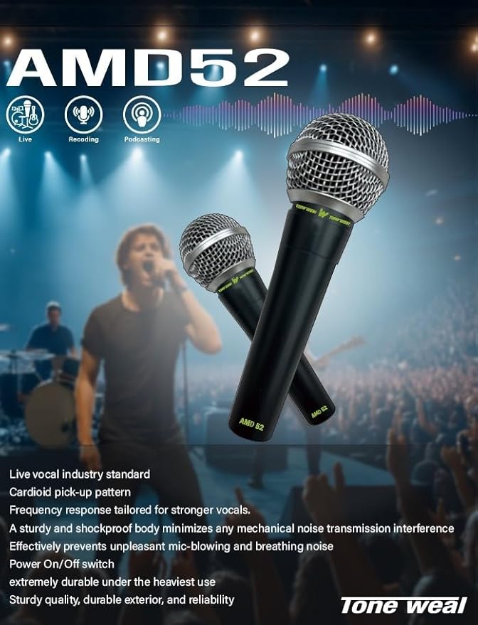Tone ｗeal AMD52 Professional Dynamic Cardioid Microphone for Live Vocals & Recording – Durable Metal Body, Low Plosive & Breath Noise