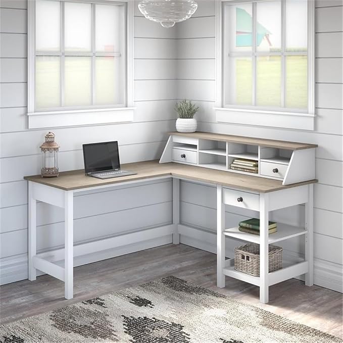 UrbanPro 60W L Shaped Computer Desk with Storage, Pure White and Shiplap Gray Finish, Desktop Organizer with Cubbies and Drawers, Modern Farmhouse Style Home Office Desk