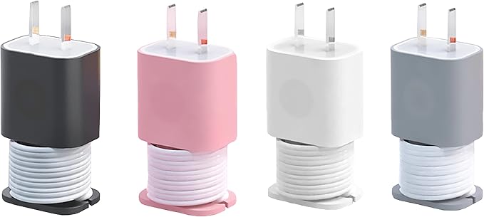 4-Pack 2 in 1 Silicone Charger Protector with Cord Wrap, iPhone Silicone Power Adapter Case, Snapback Charger Winder, Compatible with 18W/20W - 1.65 x 1.1 inches