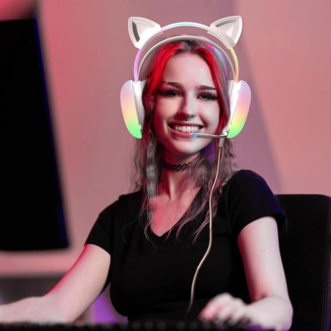 Cat Ear Gaming Headset with Mic, RGB Rainbow Lighting, Surround Sound, 3.5mm Wired Over-Ear Headphones for PC/Switch/Laptop, Lightweight and Adjustable Headband
