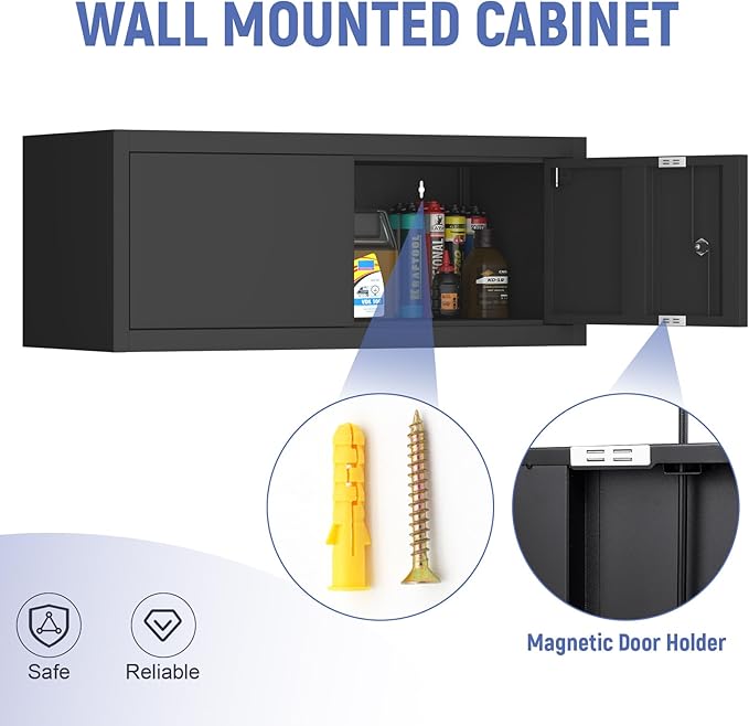 Black Storage Cabinets Wall Mounted, 12.8”H Upper Cabinet for Home, Metal Cabinets with Doors, Locking RV Storage, Floating Garage Tool Cabinet for Warehouse