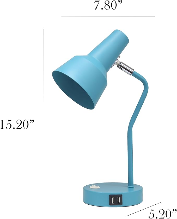 Simple Designs LD1072-CYN 15.2" Sleek Essentials Metal Cone Shade Desk Lamp with Adjustable Shade and Dual USB Ports, for Office, Desk, Nightstand, Dorm, Cyan Blue