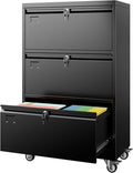 METAN Upgrade 3 Drawers Lateral File Cabinet on Wheels,Steel Office Filing Storage Cabinet with 3 Locks,Assembly Required,Black