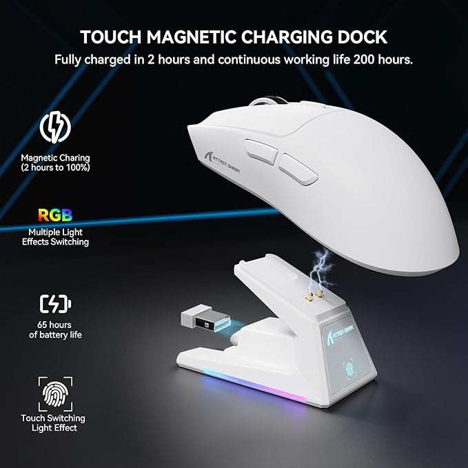 ATTACK SHARK X1 Superlight Wireless Gaming Mouse with RGB Magnetic Charging Dock, BT/2.4G Wireless/Wired Gaming Mouse, PAW3395PRO Gaming Sensor, 40000DPI, 53g Office Mice for PC/Mac/Win/Xbox (White)