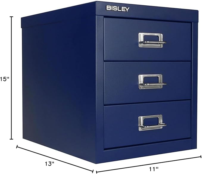 Bisley 3-Drawer Steel MultiDrawer Cabinet - Oxford Blue, Chrome Pull Handles with Label Holders, Powder-Coated Steel, Removable Drawers, Desktop Storage, Labels Included