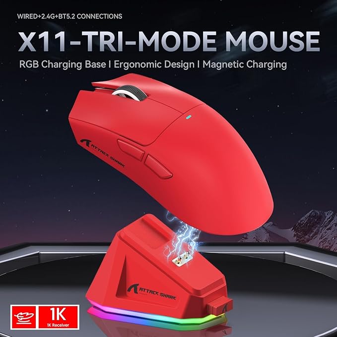 ATTACK SHARK X11 Ultra-Light Triple Mode Gaming Mouse PAW3311 Optical Sensor 22K DPI 5 programmable Buttons with Magnetic Charging Stand for PC/Mac Red