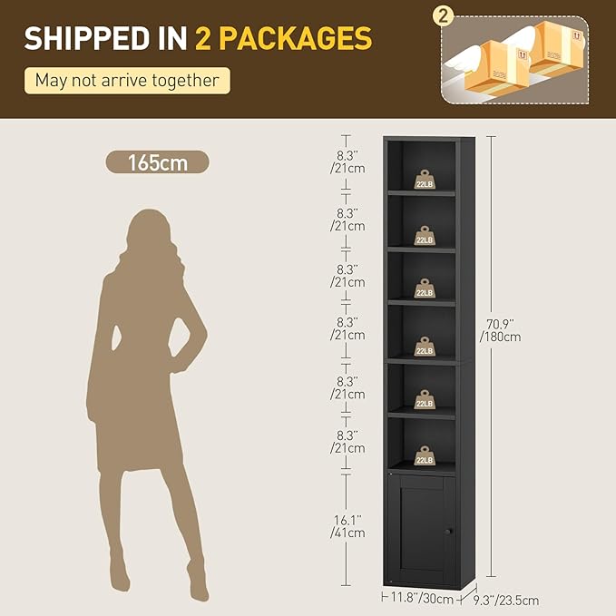 RALGEND 7-Tier Tall Narrow Bookshelf with Door Set of 2, 70.9 Inches CD DVD Slim Media Tower Rack with Storage Cabinet, Adjustable Shelves, Skinny Bookshelf Display Bookcase for Home Office, Black