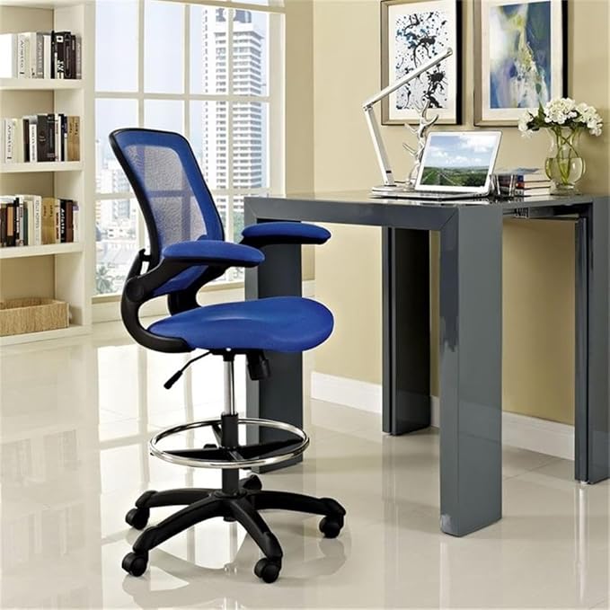 Scranton & Co Mesh Drafting Stool, Blue Finish, Adjustable Height with Flip-Up Arms, Foot Ring, Tall Pneumatic Gas Cylinder, Breathable Mesh Back, Foam Seat, Ergonomic Chair for Work or Home Use