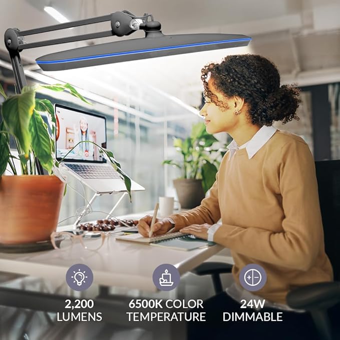 Neatfi XL 24W LED Desk Lamp – 2,200 Lumens | 23” Wide Shade | Dimmable Eye-Caring Task Light | Adjustable Arm | Office, Study, Crafting & Nail Techs (Silver, Non-CCT with Base)