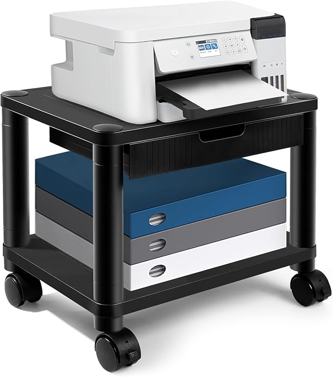 Under Desk Printer Stand with Wheels, Rolling Printer Cart with Lockable Wheels, 2-Tier Printer Table with Storage Drawer for Home&Office (Black)