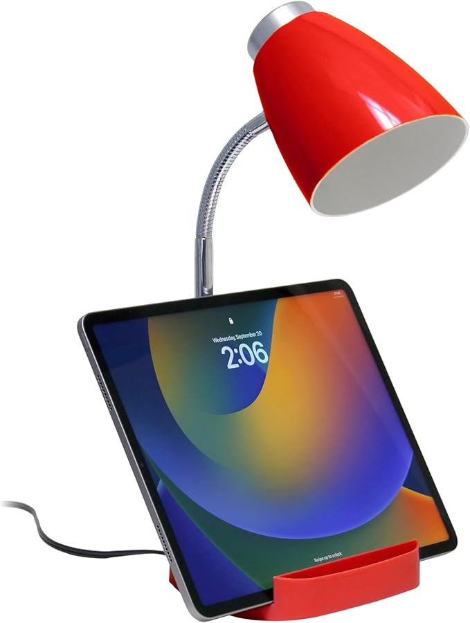 Simple Designs LD1067-RED Compartmental Desk Lamp with iPhone/iPad/Tablet Stand, Bendable Gooseneck, for Office, Living Room, Nightstand, Library, Entryway, Red