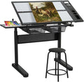 Glass Drafting Table Art Desk – Adjustable Professhional Artwork Drawing Drafting Table Desk, Glass-Topped Art Table for Craft Station Studio Home Office School w/Drawers (Black-Upgraded)