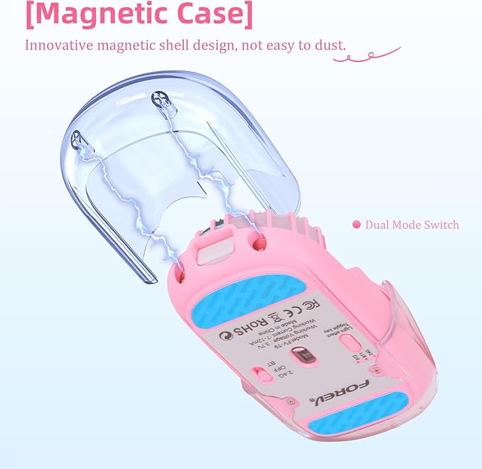 Wireless Bluetooth Mouse, Transparent BT+2.4G Dual-Mode Gaming Mouse with Magnetic Top Cover, Rechargeable RGB Backlit Computer Mouse for Laptop, PC, MacBook, iPad (Pink)