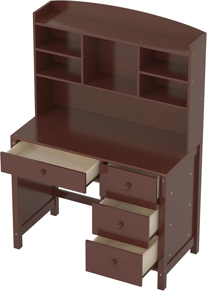 40" Home Executive Desk and Upholstered Chair Set with Bookshelf,Vintage Style Computer Desk with 4 Drawers & Storage Shelf,Study Set for Office, Bedroom or Living Room (Espresso)
