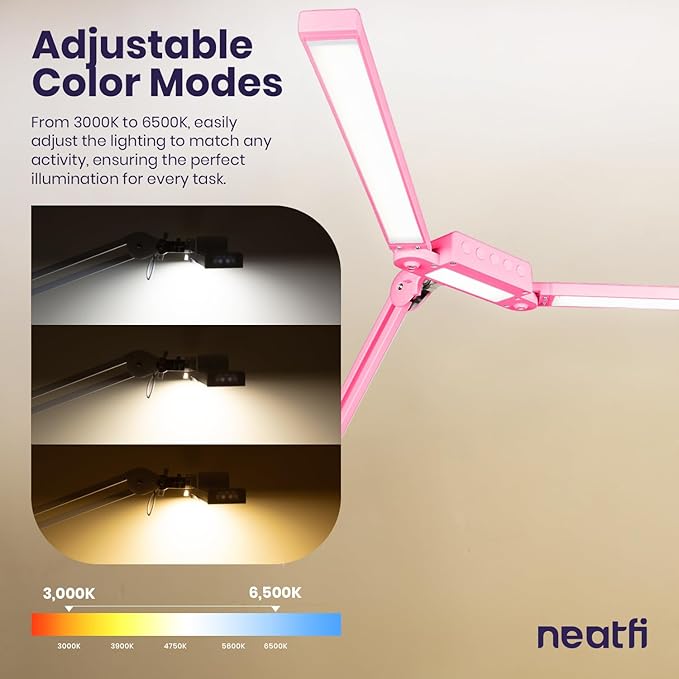 Neatfi LED Desk Lamp | 3,000 Lumens | Dimmable 30W Desk Light | 360 SMD LEDs | CRI 95 | Adjustable Color Temperature | Task Lamp for Home, Office, or Workbench (Pink, 41-Inch, CCT with Clamp)
