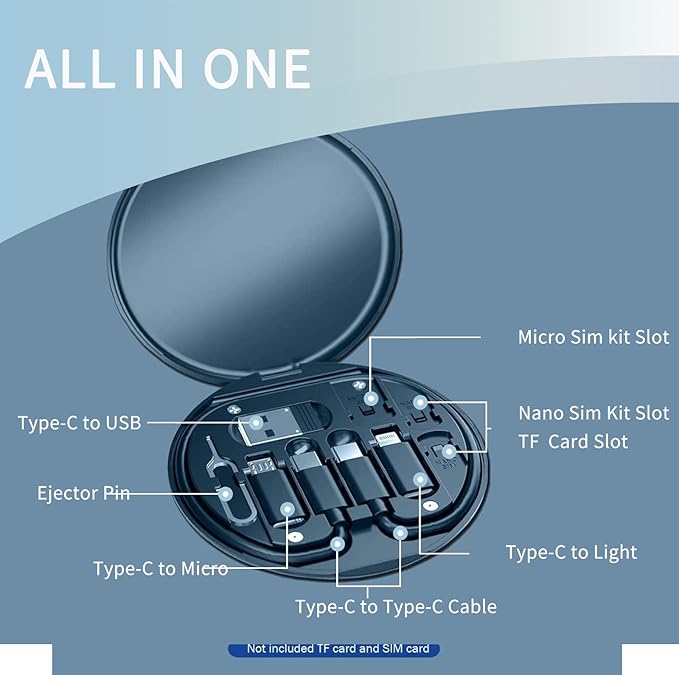 9 in 1 Cable Case USB Adapter Cable Conversion Storage Box, USB Type C to Micro USB/Lightning/USB A Cable Data Transfer Tool Contains Sim Card Slot Tray Eject Pin, Use as Phone Holder