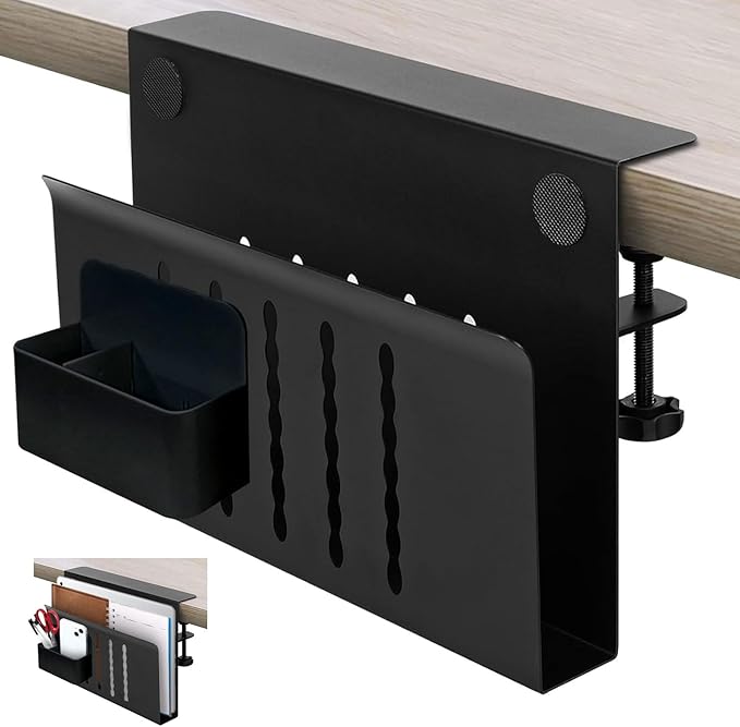 Desk Side Storage, Desk Laptop Holder with Magnetic Pen Holder, No Drill Desk Side Organizer for Office and Home Fits Flat Edge 0.3" to 2.3"