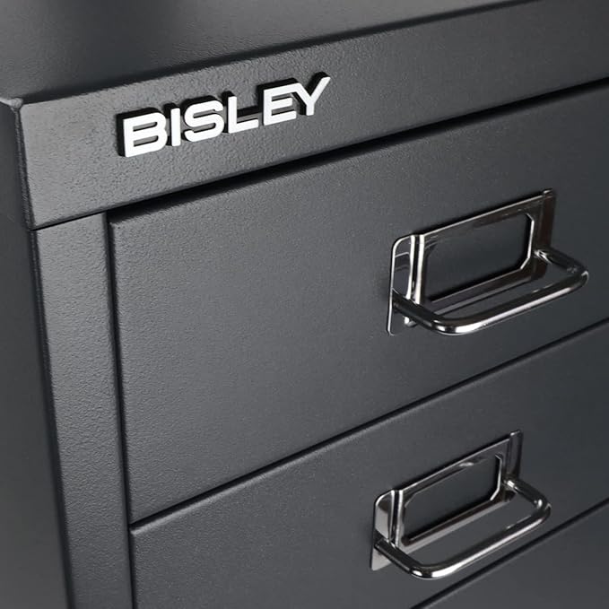 Bisley 6-Drawer Steel MultiDrawer Cabinet - Anthracite Grey, Chrome Pull Handles with Label Holders, Powder-Coated Steel, Removable Drawers, Fits Under Most Desks, Labels Included