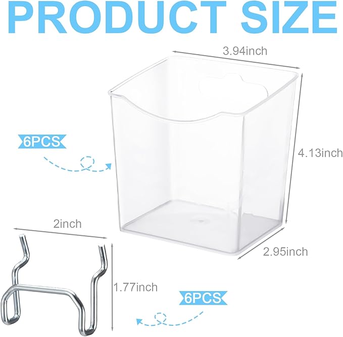 Reallnaive 6 Pack Pegboard Bins with Hooks - Translucent Pegboard Organizer Wall Containers - Kitchen, Office, Garage, Workshop, Bathroom