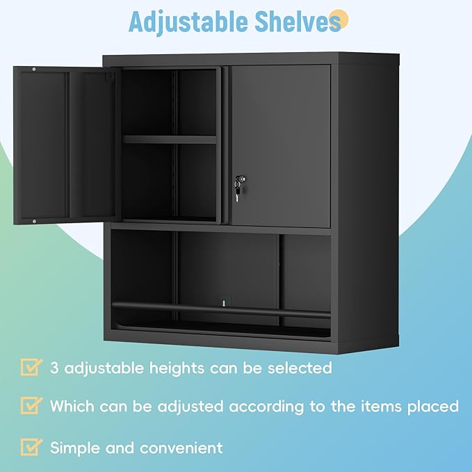 IRONFFICE Metal Cabinet,Lockable Storage Cabinet with Doors,Metal Garage Wall Cabinet with Adjustable Shelf,Locking Cabinet for Home Office,Garage,Shop,Black