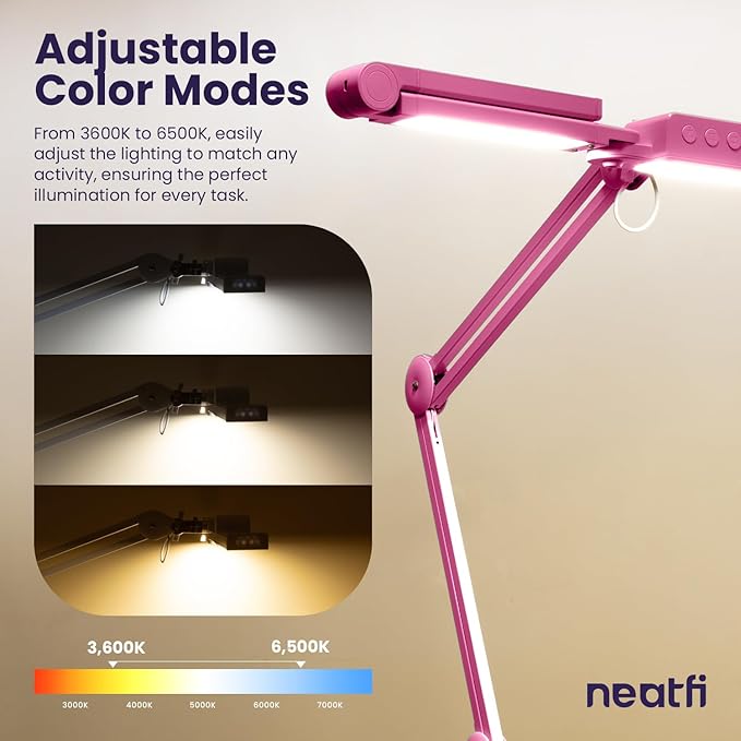 Neatfi 3,000 Lumens LED Desk Lamp, Dimmable, 360 SMD LEDs, 30W, CRI 95, Adjustable Light Modes, Task Lamp for Home Office, Study, Workstation (Pink, 44-Inch, CCT with Clamp)