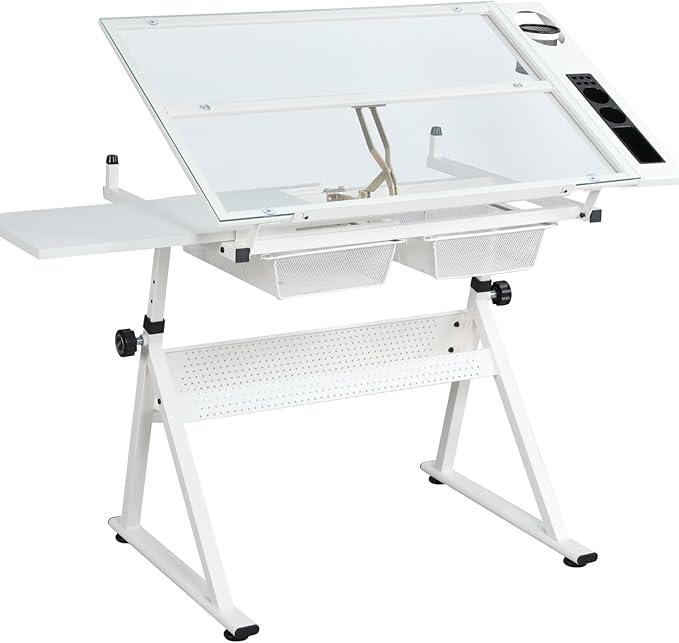 Drafting Table with Stool, Modern Adjustable Tempered Glass Printing Artwork Desk for Art Studio Home Office School