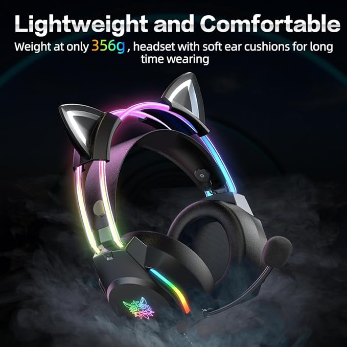 Gaming Headset with Microphone, Cat Ear Headphones for PC Laptop PS4 PS5 Xbox Switch, Rainbow RGB Lighting & Virtual Surround Sound, 3.5mm Wired Over Ear Headphones, Ergonomic