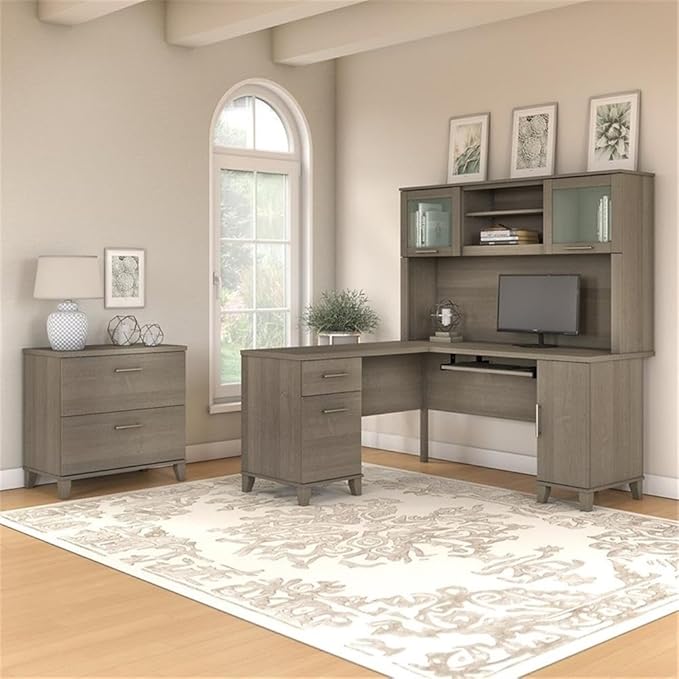 Pemberly Row Engineered Wood Office Set, 60W L Shaped Desk with Hutch and 2-Drawer Lateral File, Ash Gray Finish, Wire Management, Frosted Glass Doors, File Storage, Home Office Furniture